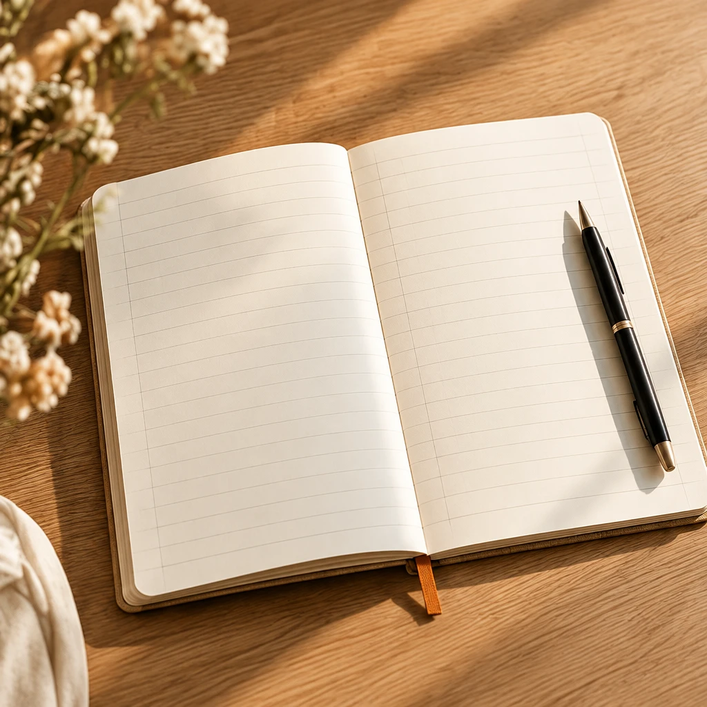 Open notitieboek met pen op houten bureau in warm ochtendlicht